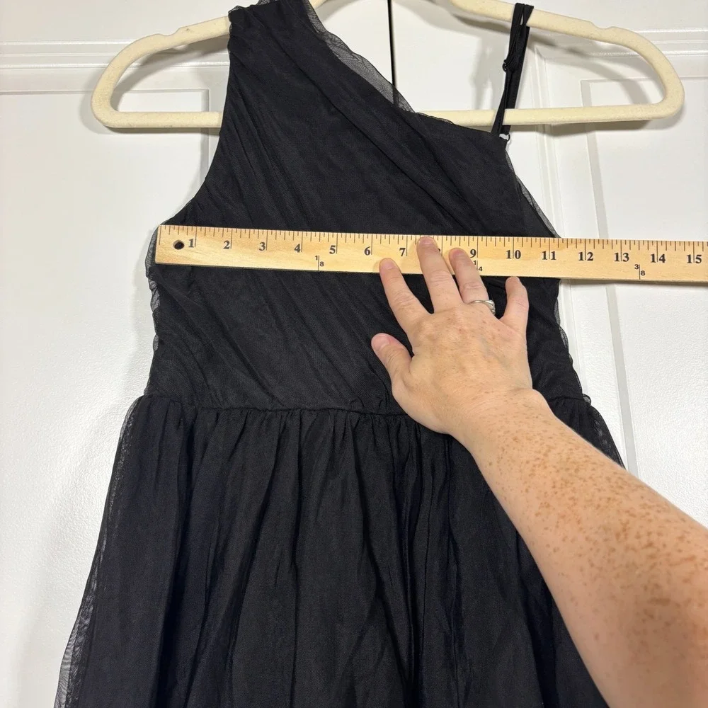 Girls Tulle Mini Dress Black One Shoulder Ruched Cocktail Party Lined 150 10-12